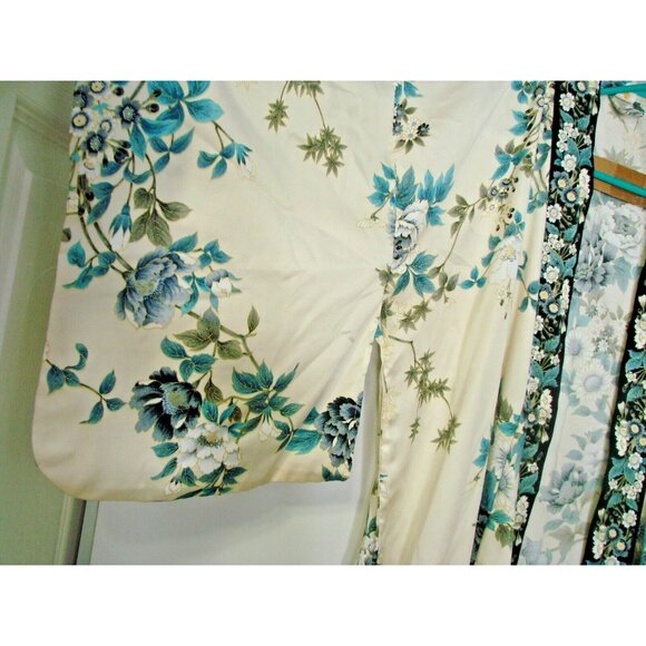 Vtg Made in Japan Blue Green Floral Open Kimono Robe Polyester Asian Gown One Sz - Picture 2 of 12